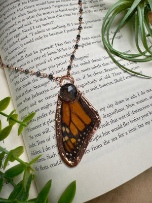 Black Rutile Quartz and Butterfly Wing Necklace with Beaded Chain
