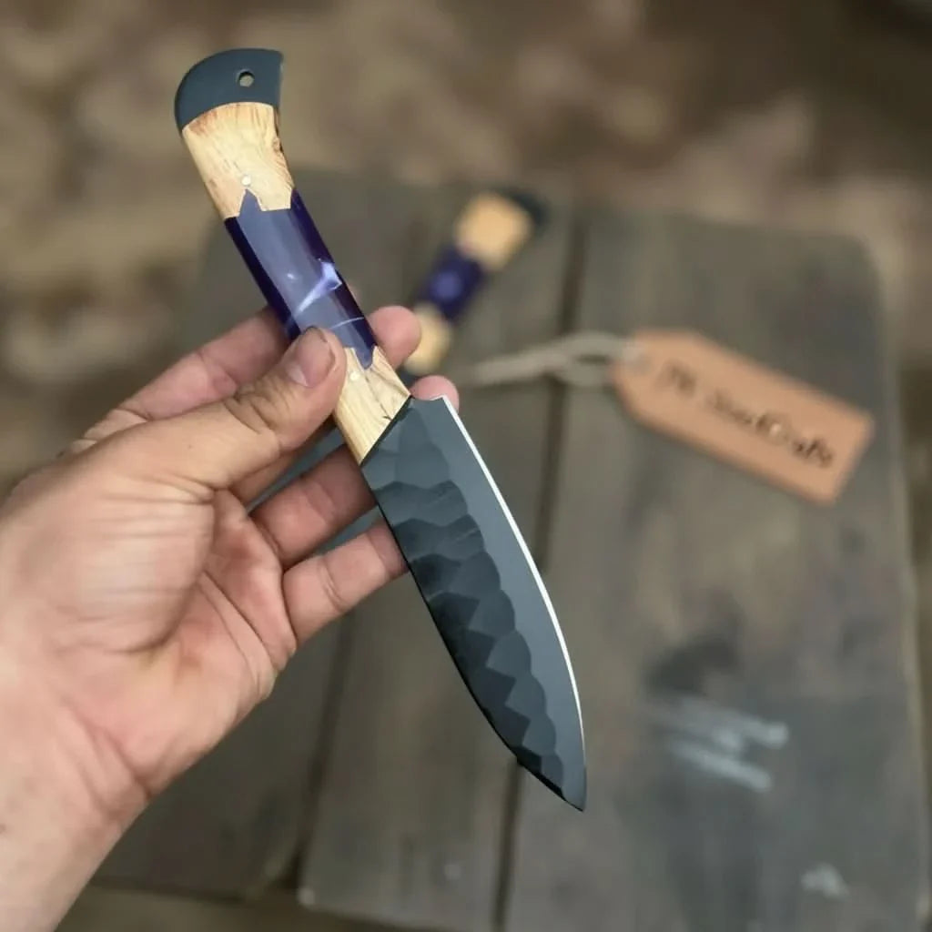 5-Piece Hand-Forged Chef Knives Set – Black Blades, Purple Resin & Olive Wood Handles