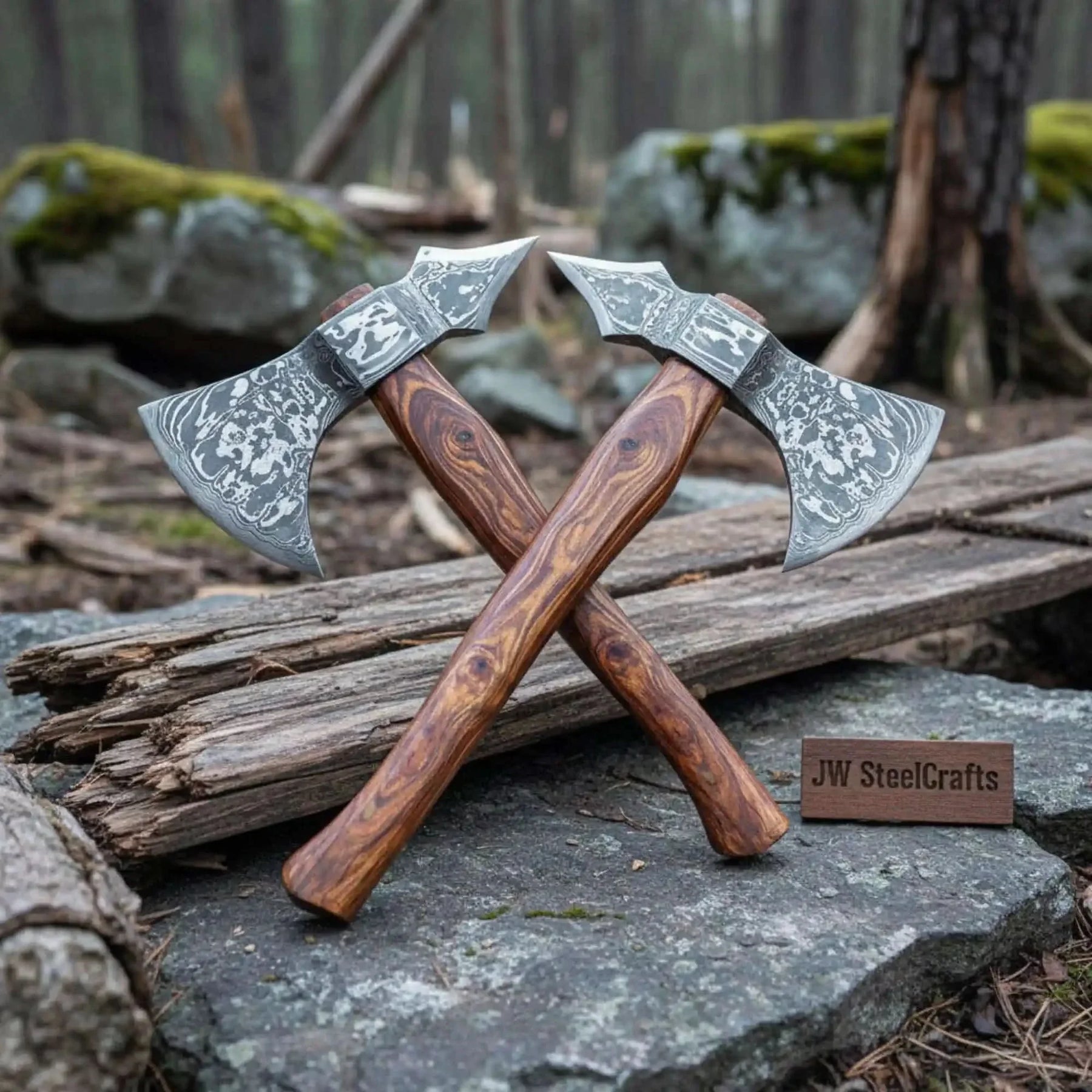 Damascus steel axe head with wood handle on rustic wood surface