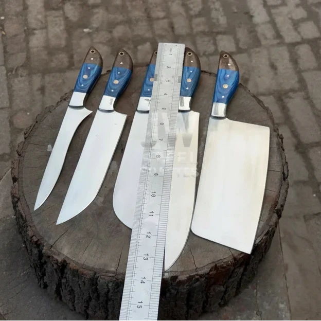Handmade carbon steel steel knife with wood handle on dark surface