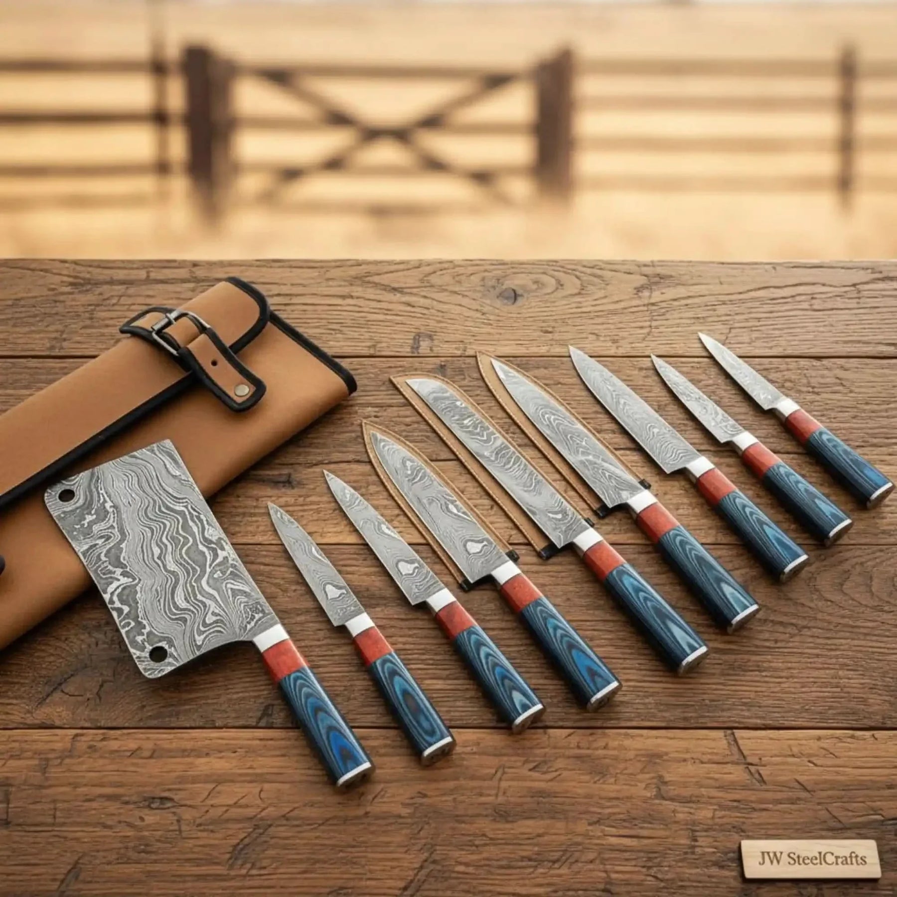 Handmade damascus steel knife with wood handle on dark surface