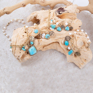 Blue Turquoise and White Pearl Multi Charm Golden Necklace