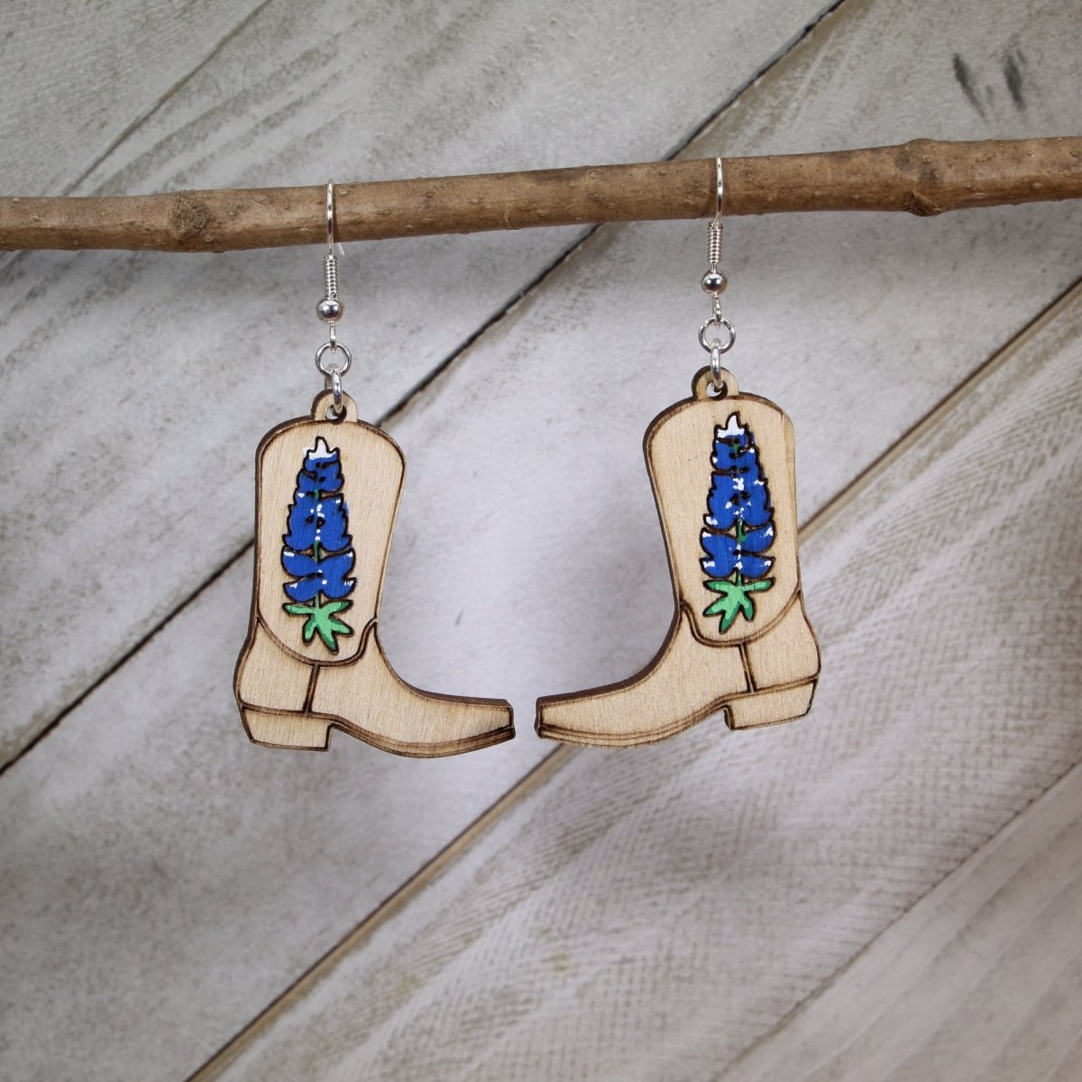 Bluebonnet Cowboy Boot Wooden Earrings | Texas Wildflower Jewelry
