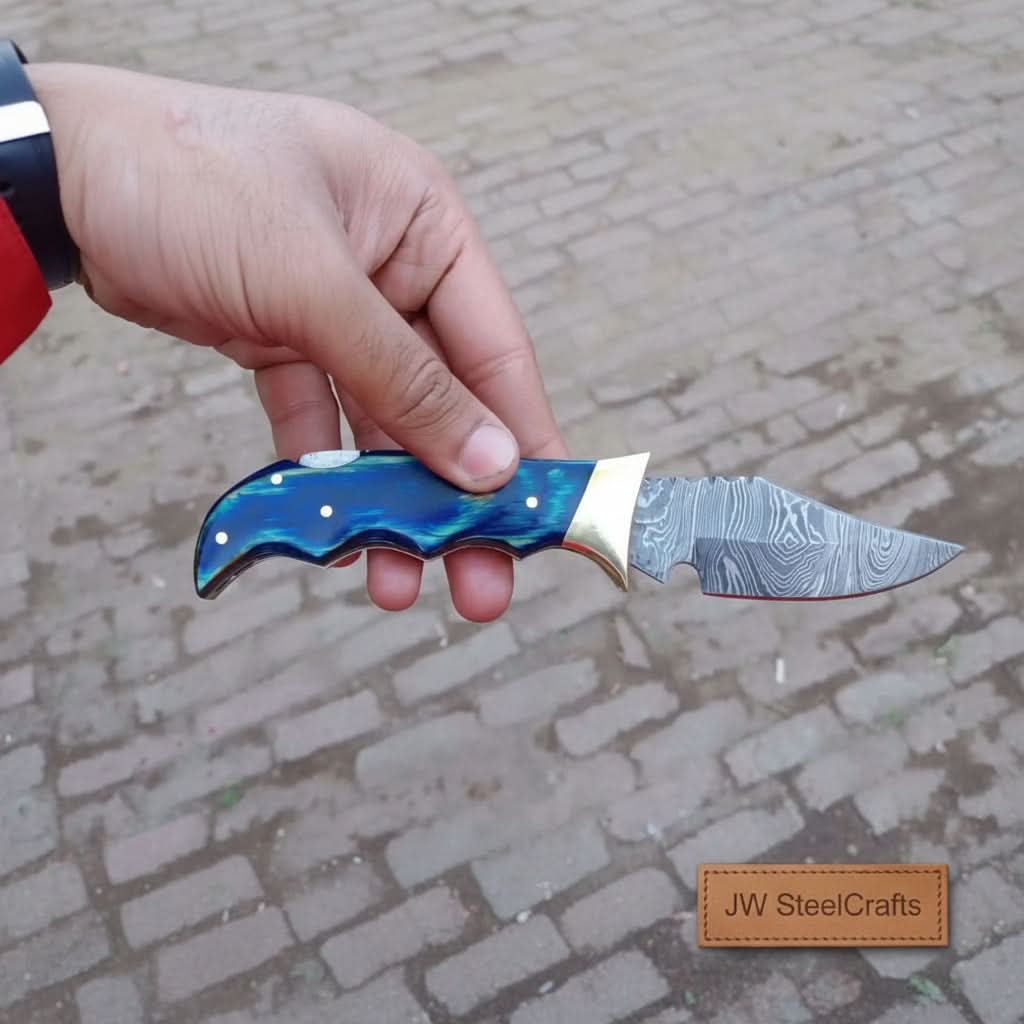 Handmade Damascus Pocket Knife | Colored Pakka Wood Folding EDC Knife by JW SteelCrafts, Damascus knife main product photo