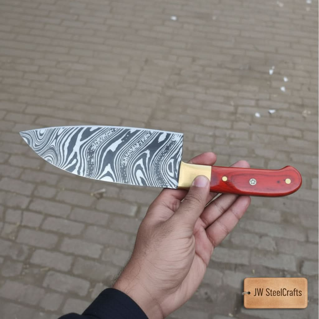 Handmade carbon steel steel knife with wood handle on dark surface