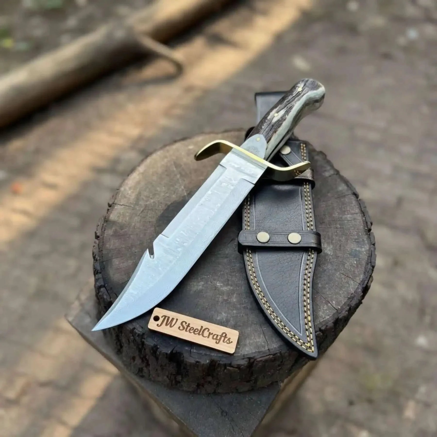 16-Inch Damascus Bowie Knife — 11-Inch Blade, Stag Handle, Brass S-Guard & Leather Belt Sheath by JW SteelCrafts