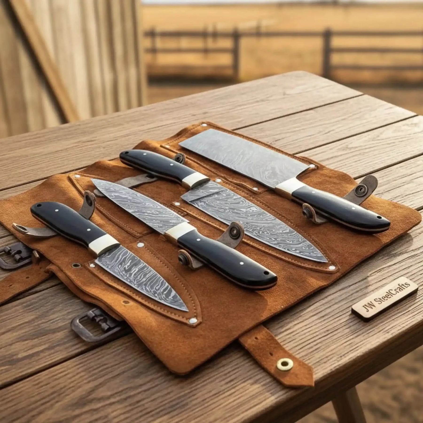 Handmade damascus steel knife with resin handle on dark surface