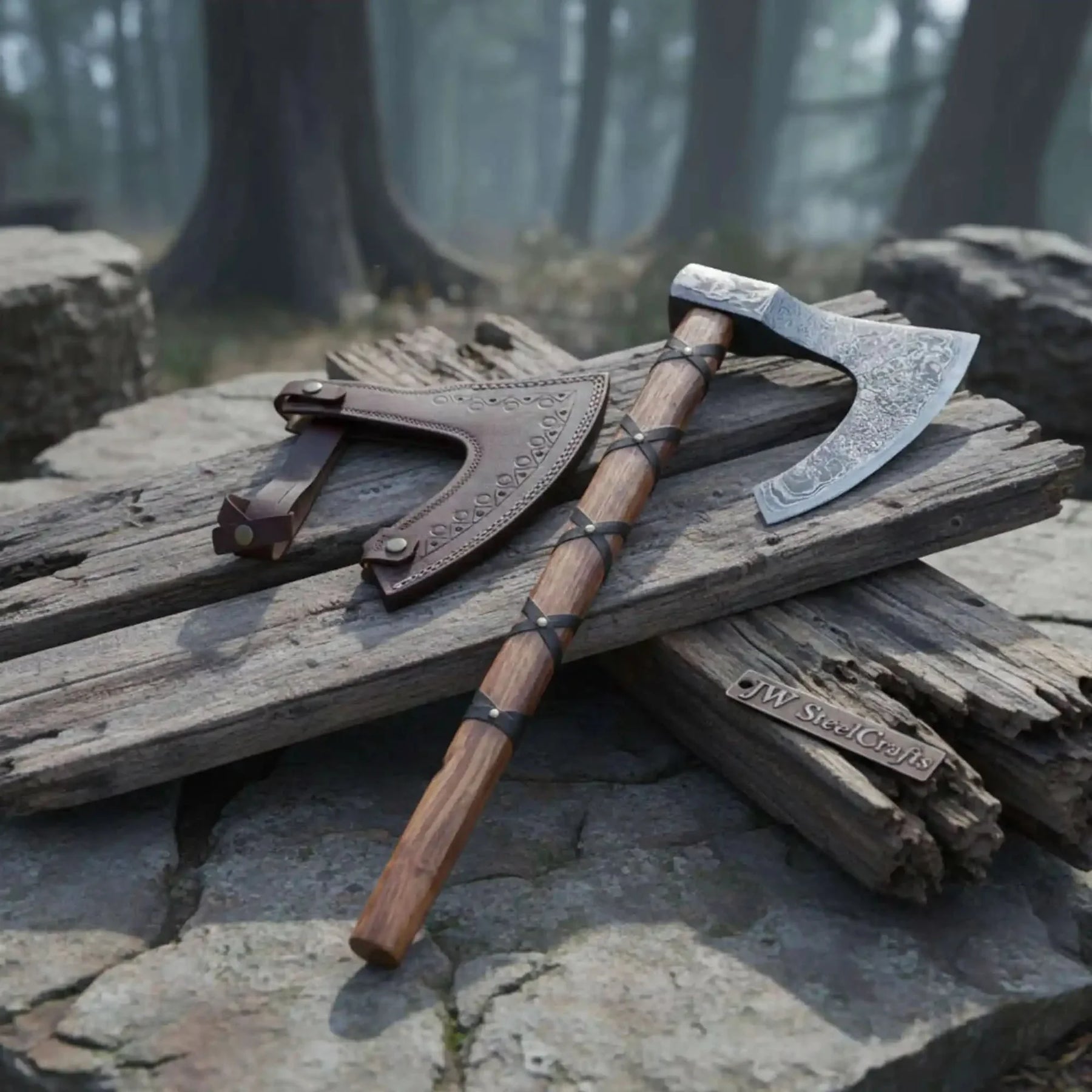 Damascus steel axe head with leather handle on rustic wood surface