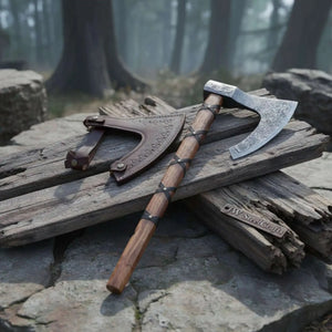 Damascus steel axe head with leather handle on rustic wood surface