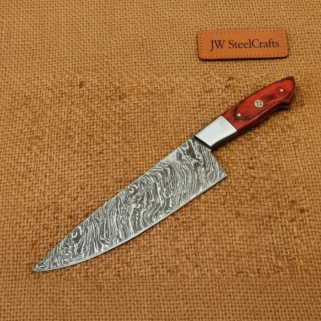 Handmade damascus steel knife with wood handle on dark surface