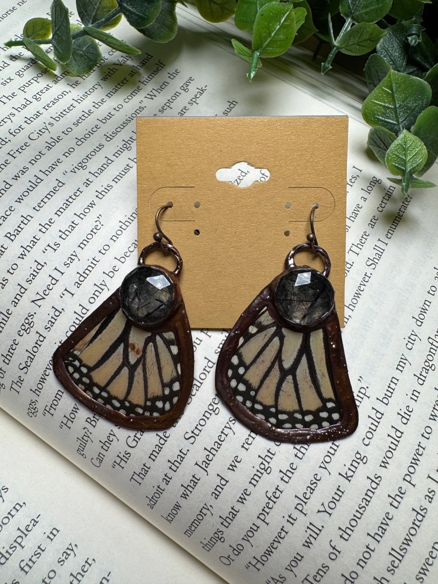 Butterfly Wing and Black Rutile Quartz Earrings