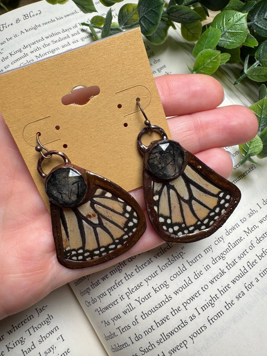 Butterfly Wing and Black Rutile Quartz Earrings