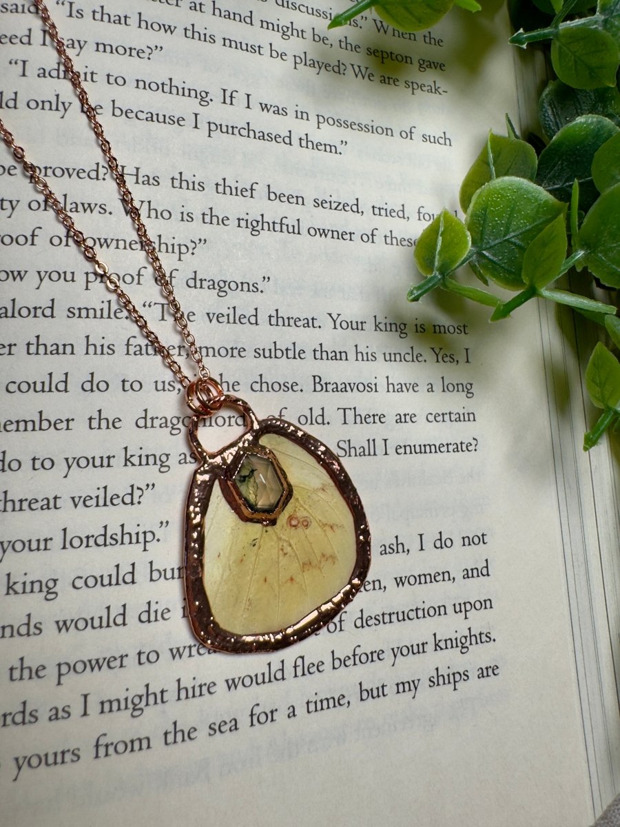 Butterfly Wing and Moss Agate Necklace