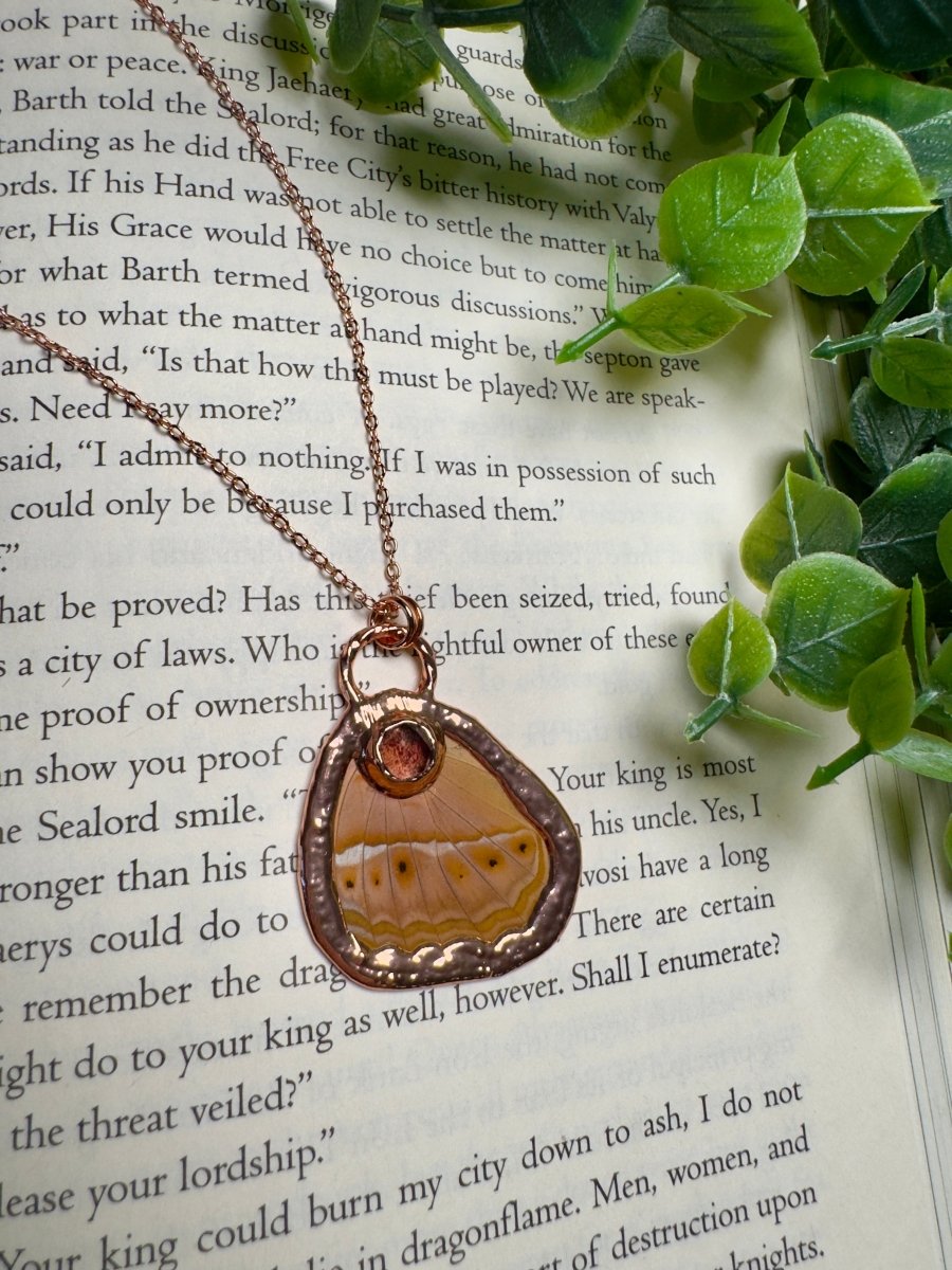Butterfly Wing and Strawberry Quartz Necklace