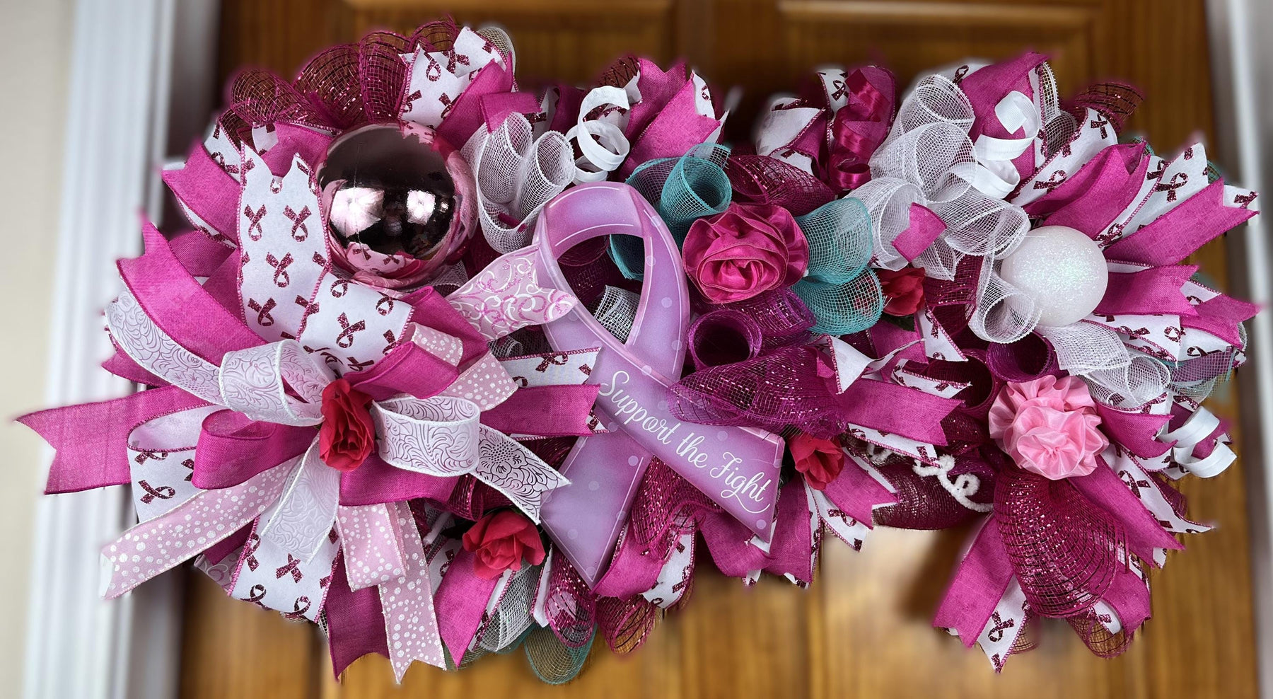 Breast Cancer Awareness Wreath | Pink Ribbon Door Decor by Bouge Creations, view 4