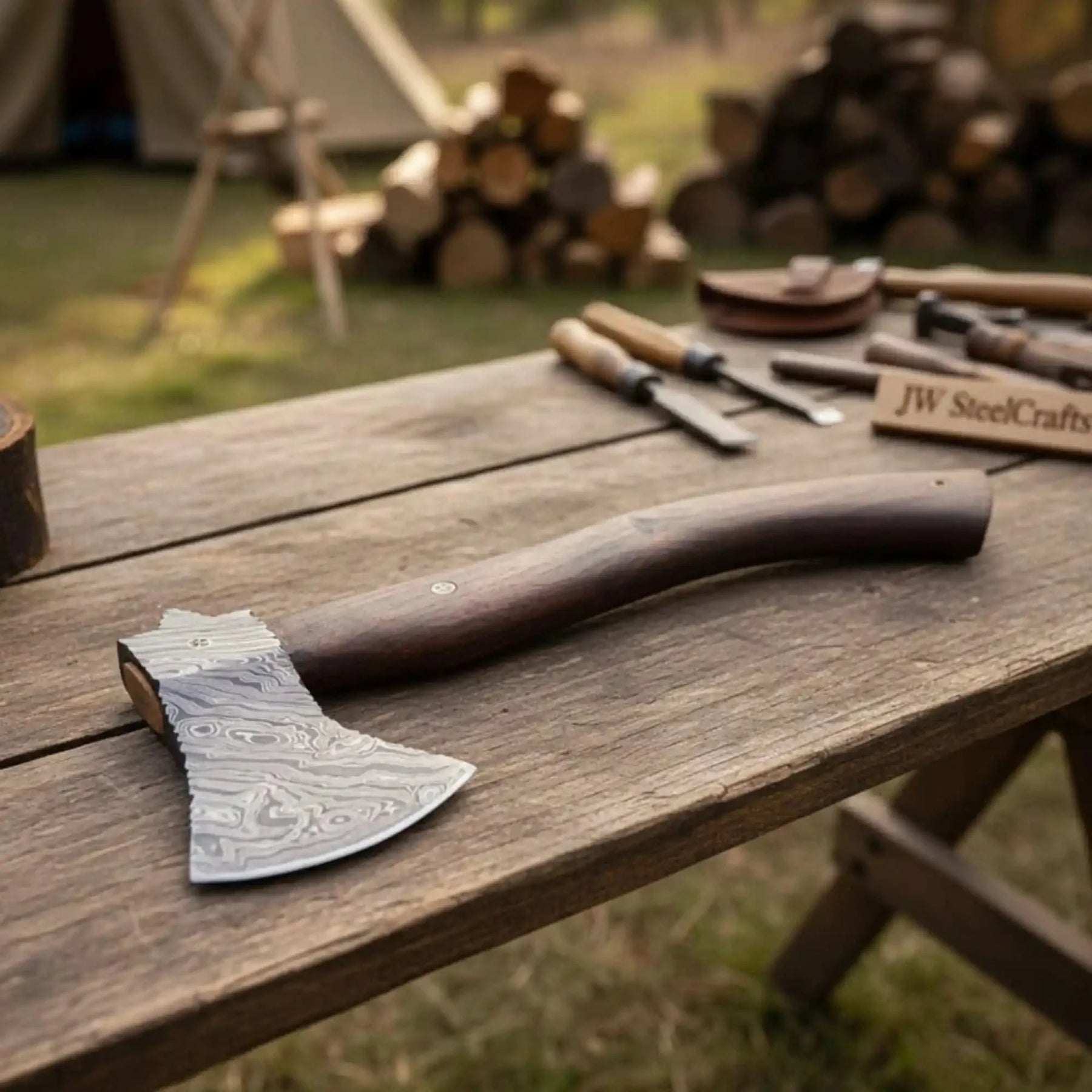 Damascus steel axe head with wood handle on rustic wood surface