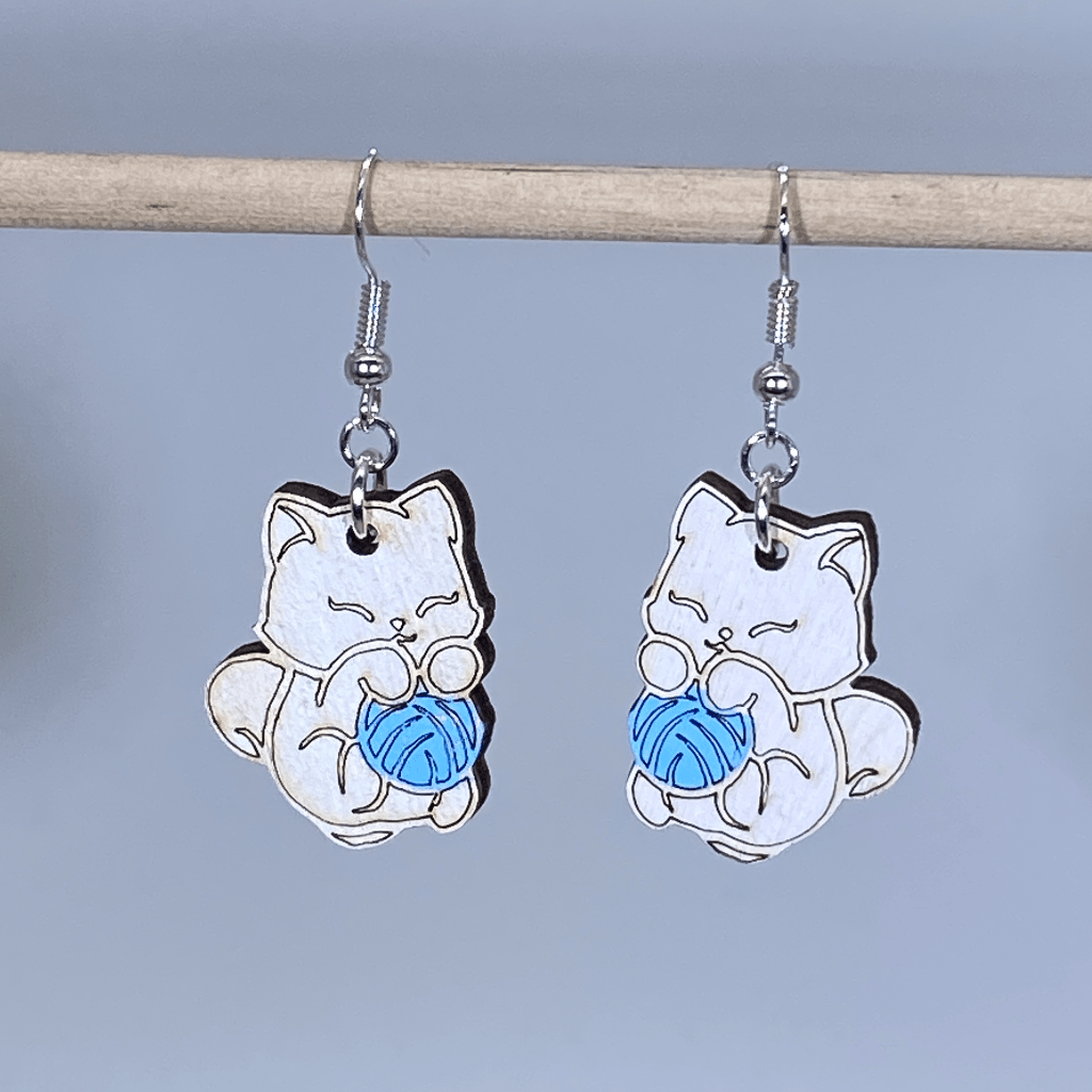 Cat and Yarn Wooden Earrings | Cute Cat Lover Pet Jewelry