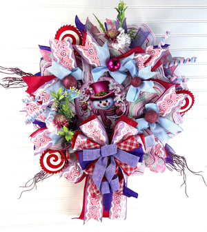 Pink Snowman Christmas Wreath | Blue & Pink Door Decor by Bouge Creations, view 6