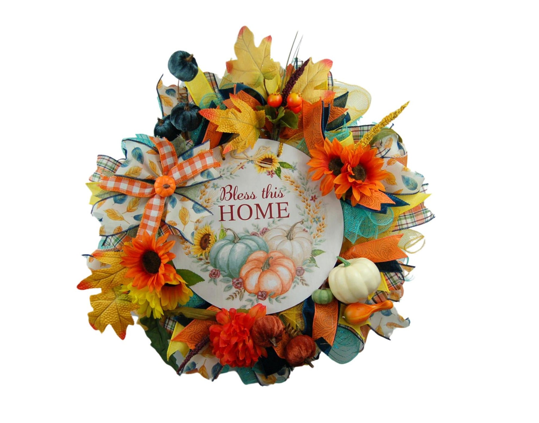 Bless This Home Fall Wreath | Sunflowers & Pumpkins handmade by Bouge Creations