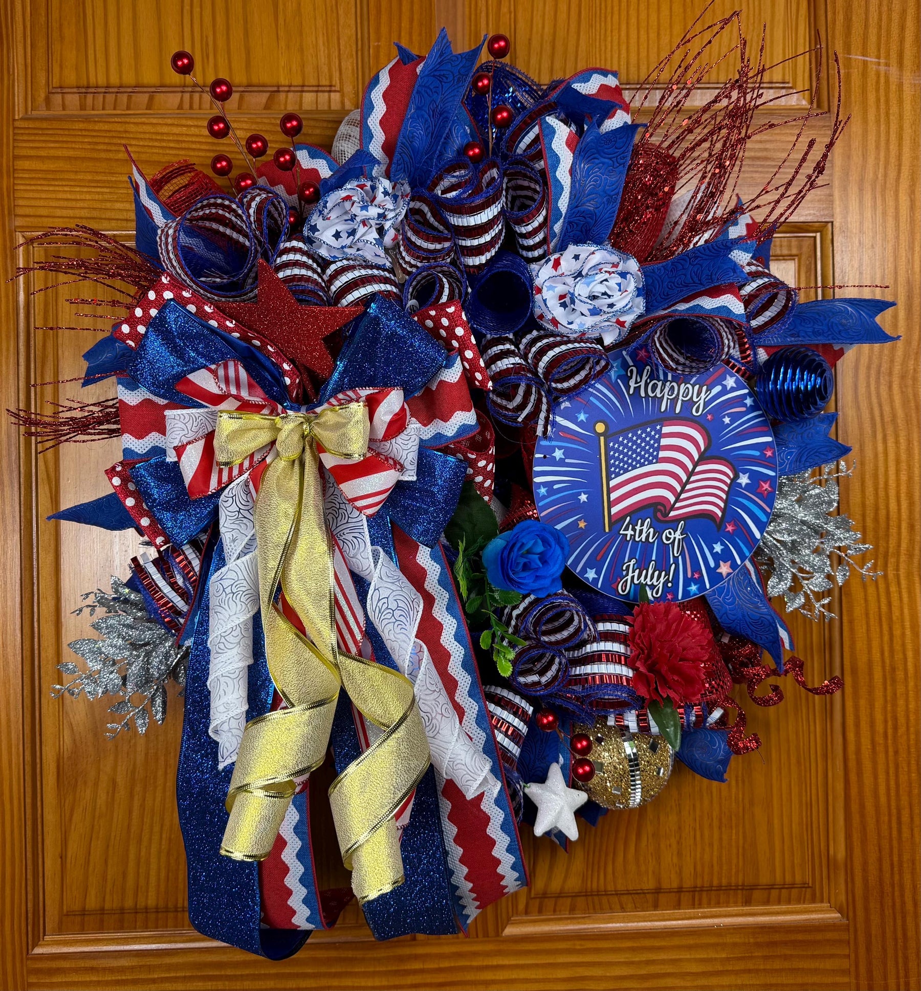 Patriotic Front Door Wreath | Red, White & Blue Deco Mesh by Bouge Creations, view 4