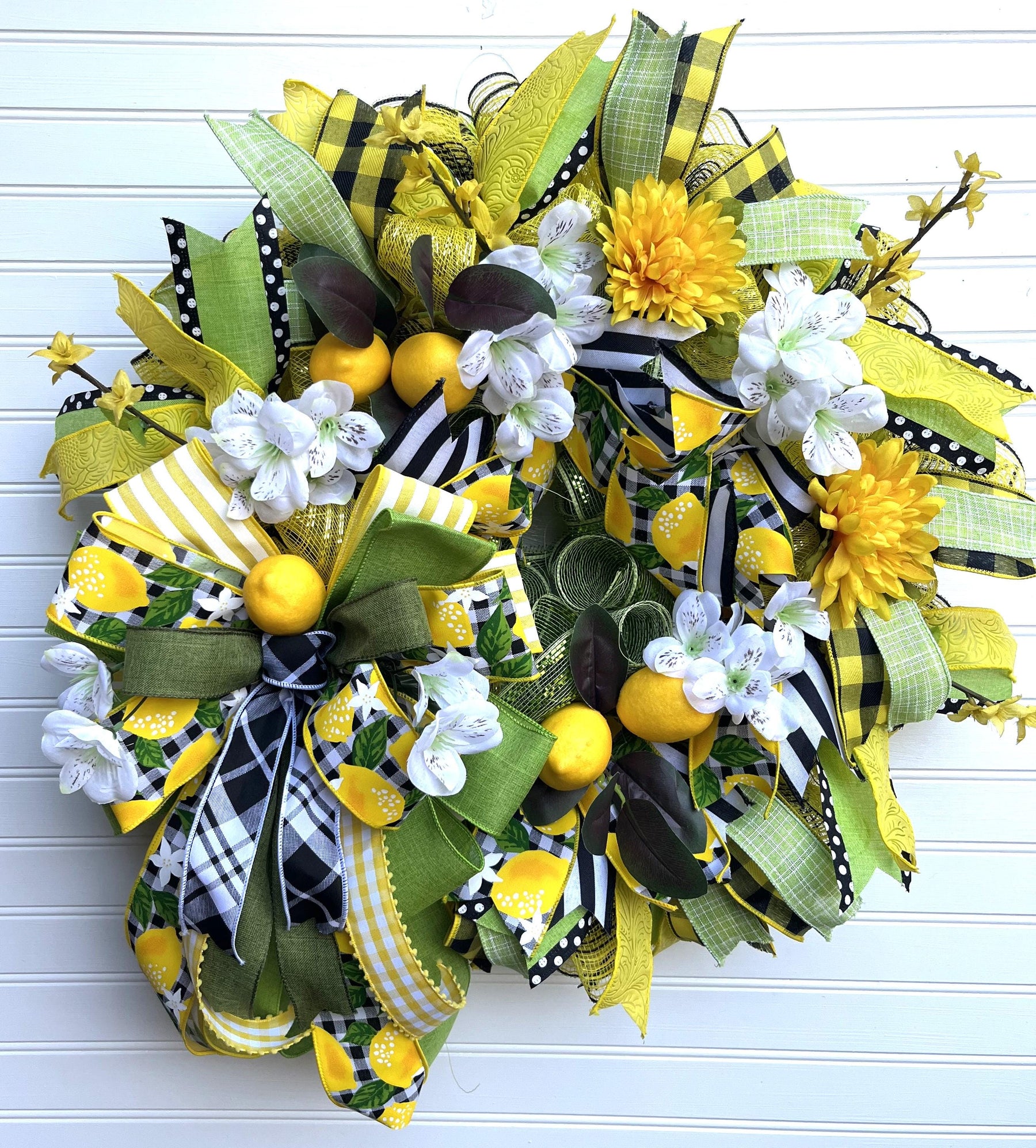 Lemon Summer Wreath | Yellow Floral Gingham Door Decor by Bouge Creations, view 6