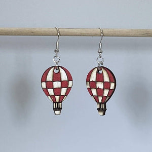Checkered Hot Air Balloon Wooden Dangle Earrings | Travel Jewelry