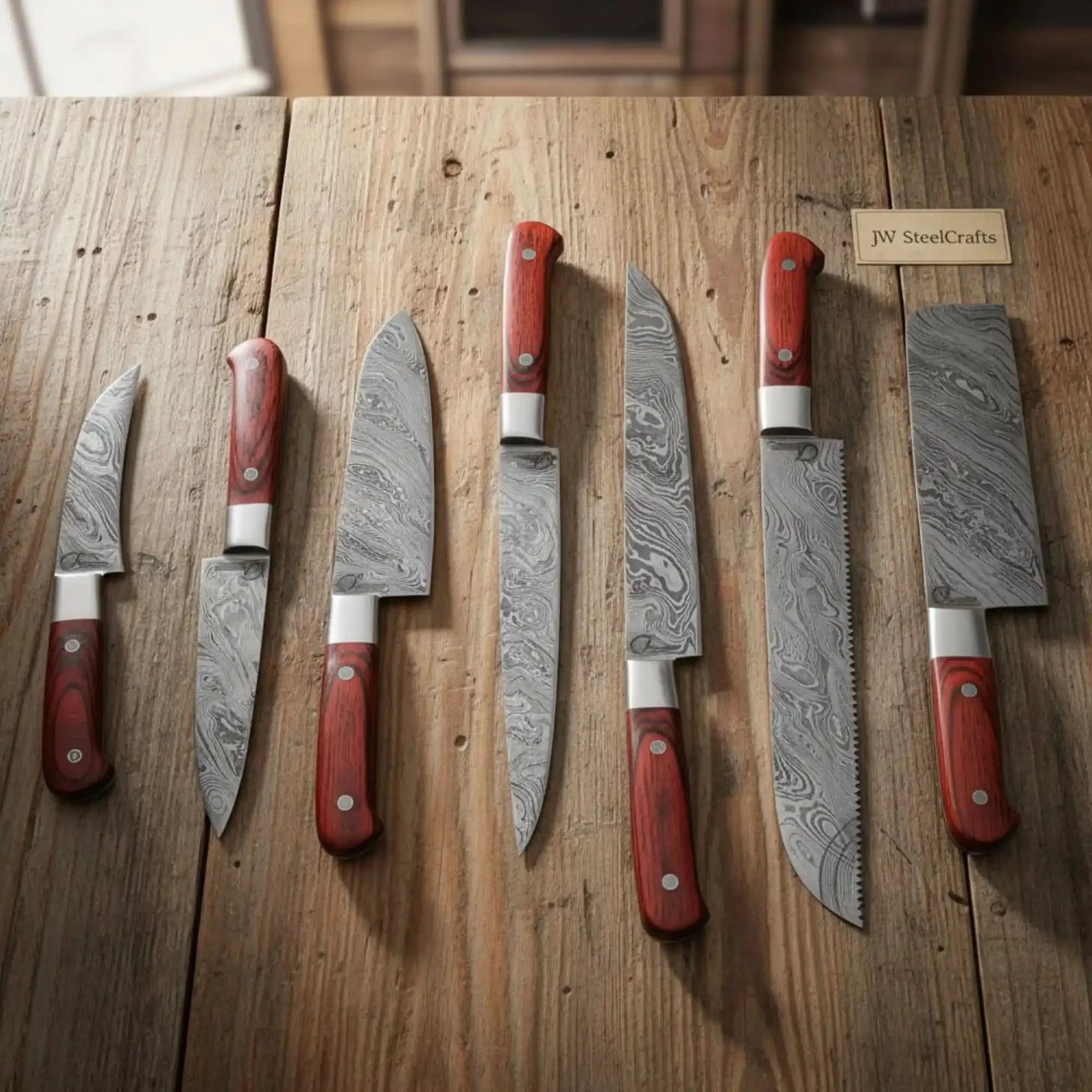 Handmade damascus steel knife with wood handle on dark surface
