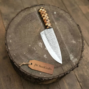Acid-Etched Chef Knife with Red Pakka Wood & Checker Brown Wood Handle
