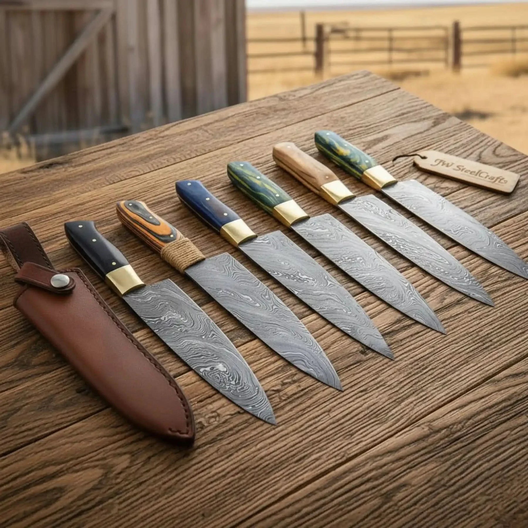 Handmade damascus steel knife with premium handle on dark surface