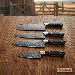 Handmade damascus steel knife with wood handle on dark surface