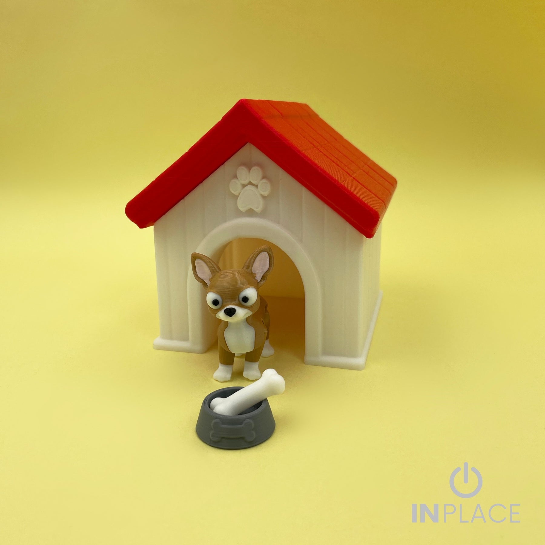 Chihuahua doghouse playset with one articulated Chihuahua figure, food bowl and bone
