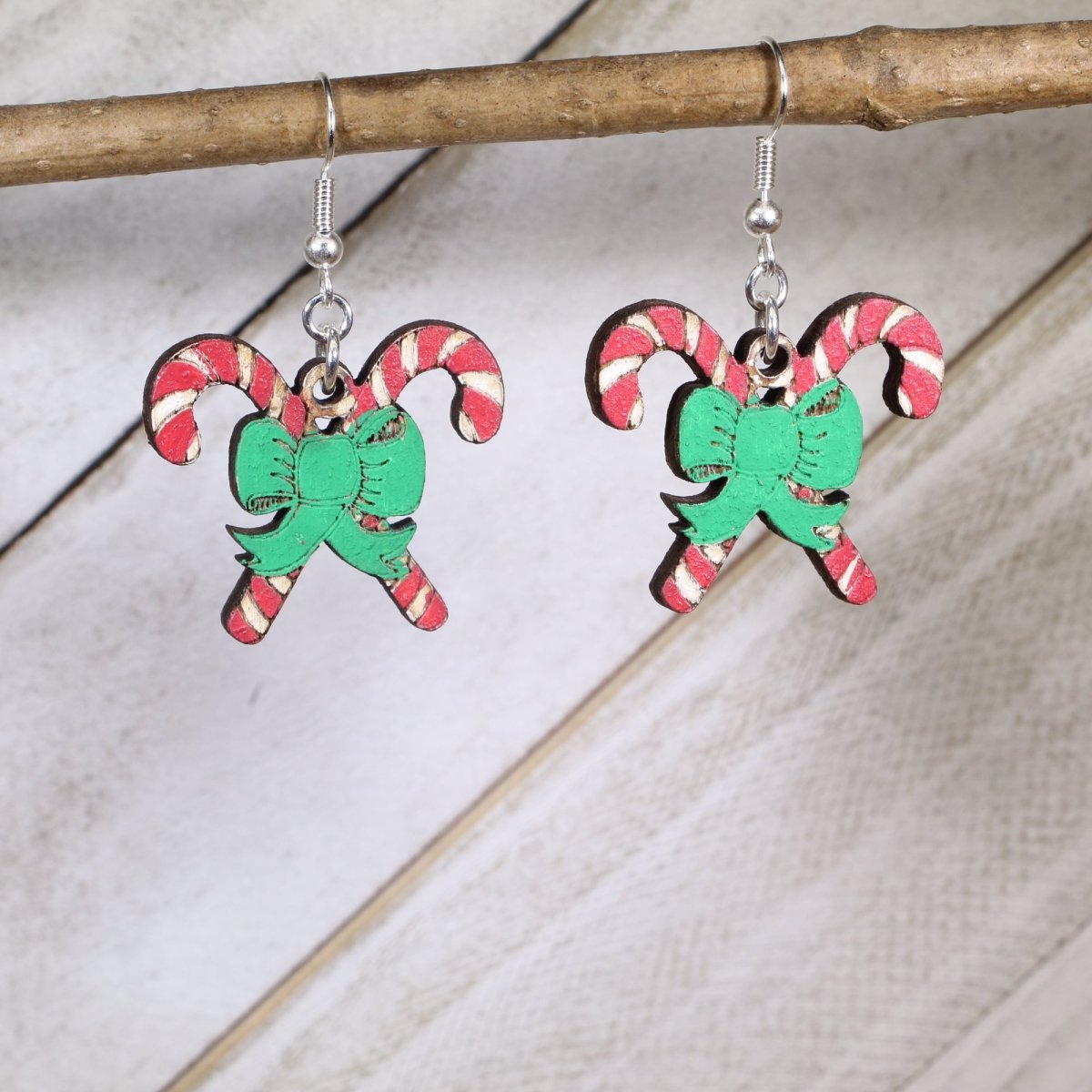 Candy Cane Wooden Earrings | Christmas Holiday Jewelry
