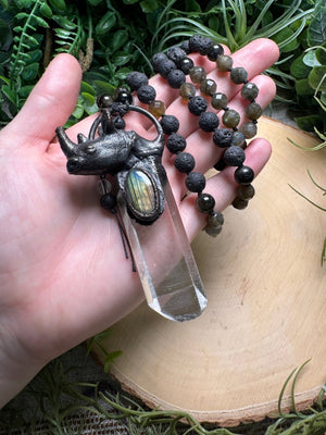 Clear Quartz and Labradorite Rhino Mala Necklace (pre-loved)