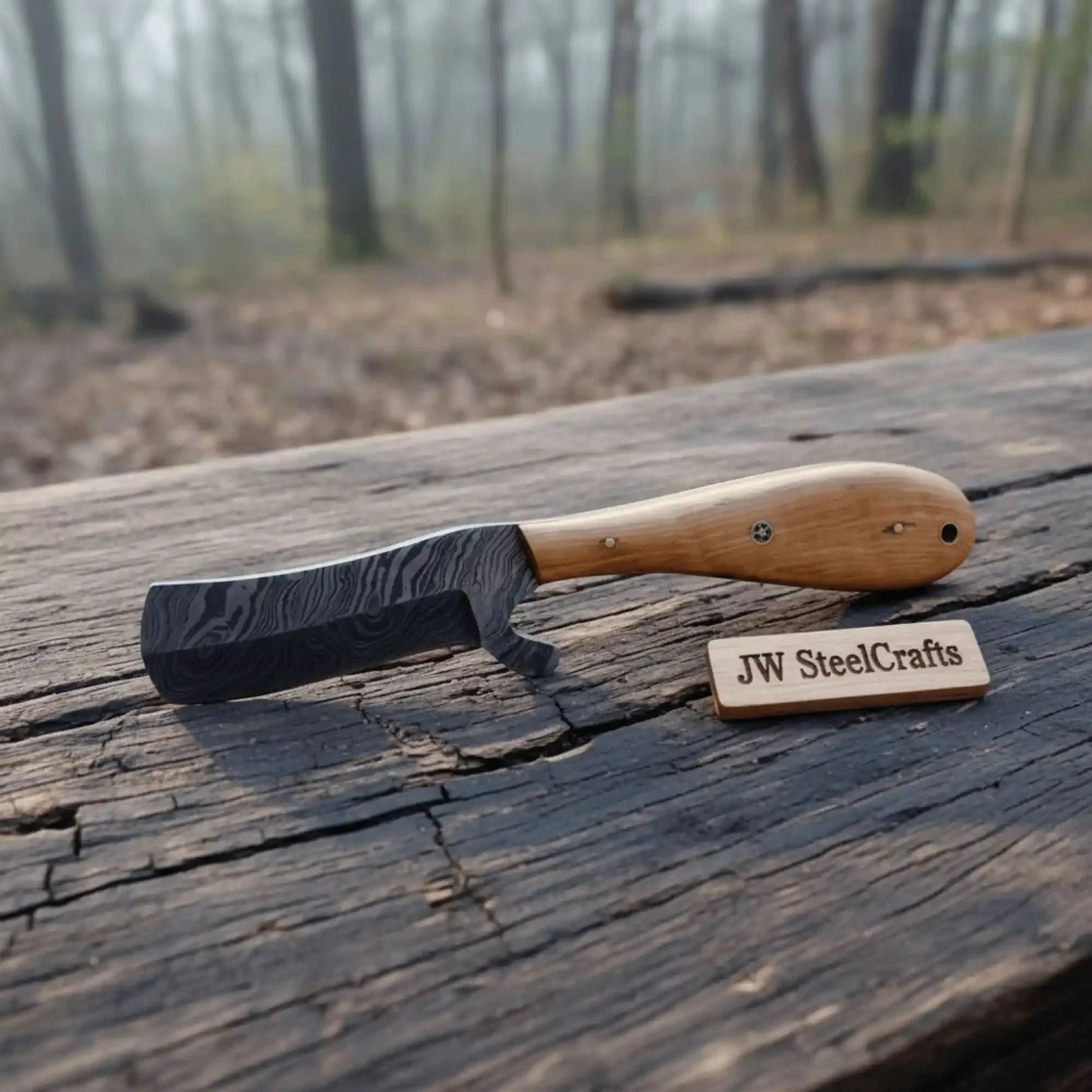 Handmade damascus steel knife with wood handle on dark surface