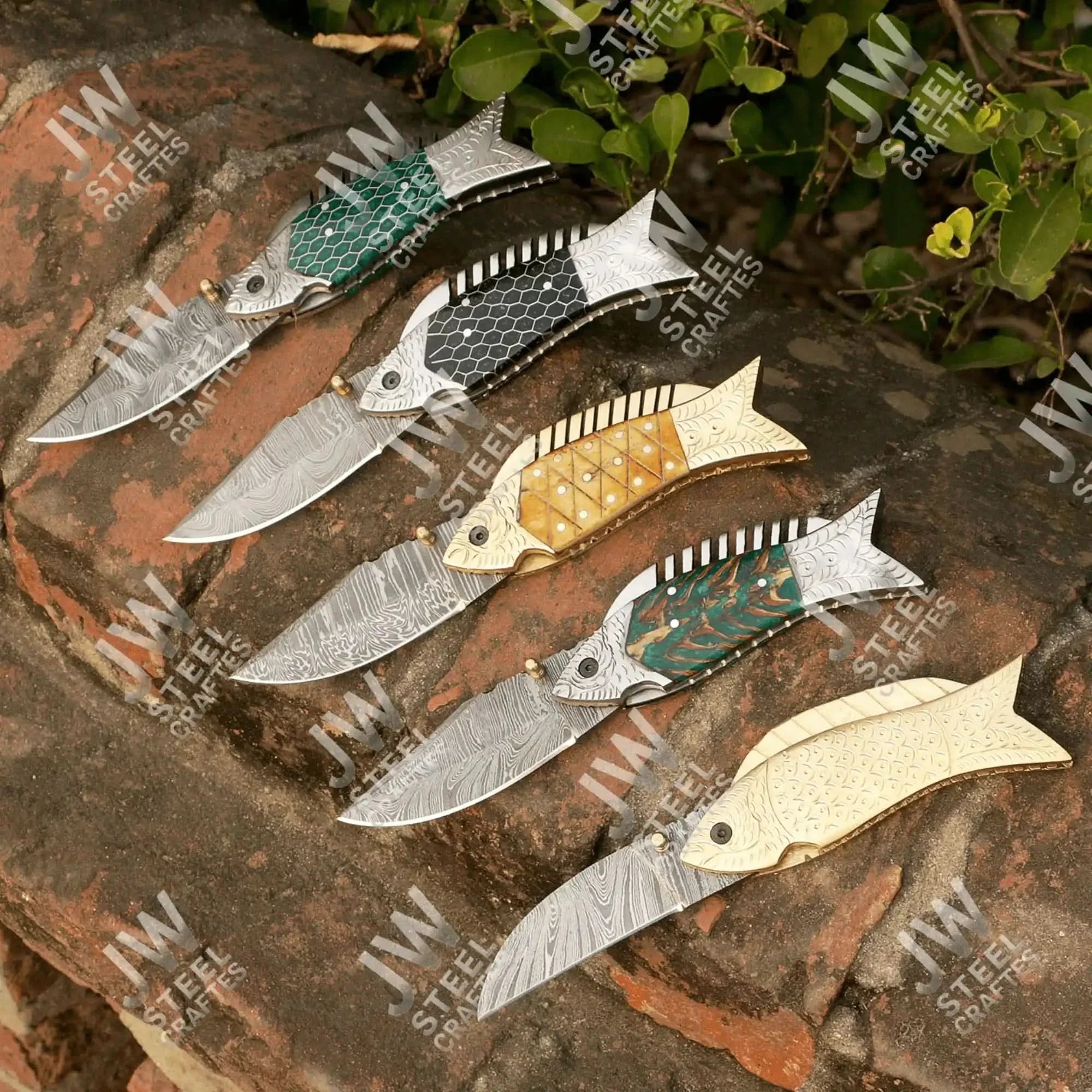 Hand Forged Damascus Steel Folding Knife – Honeycomb, Pinecone & Brass Handle Variations by JW SteelCrafts