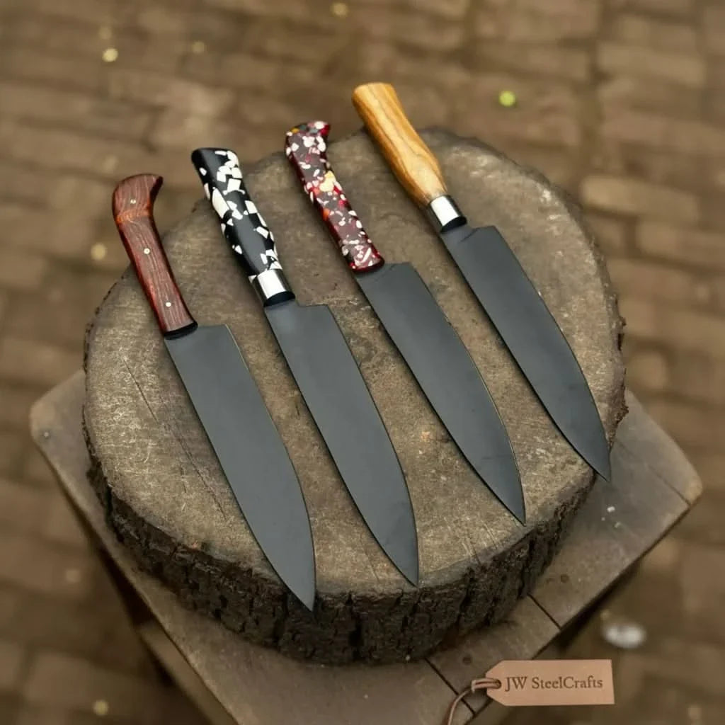 Handmade damascus steel knife with leather handle on dark surface