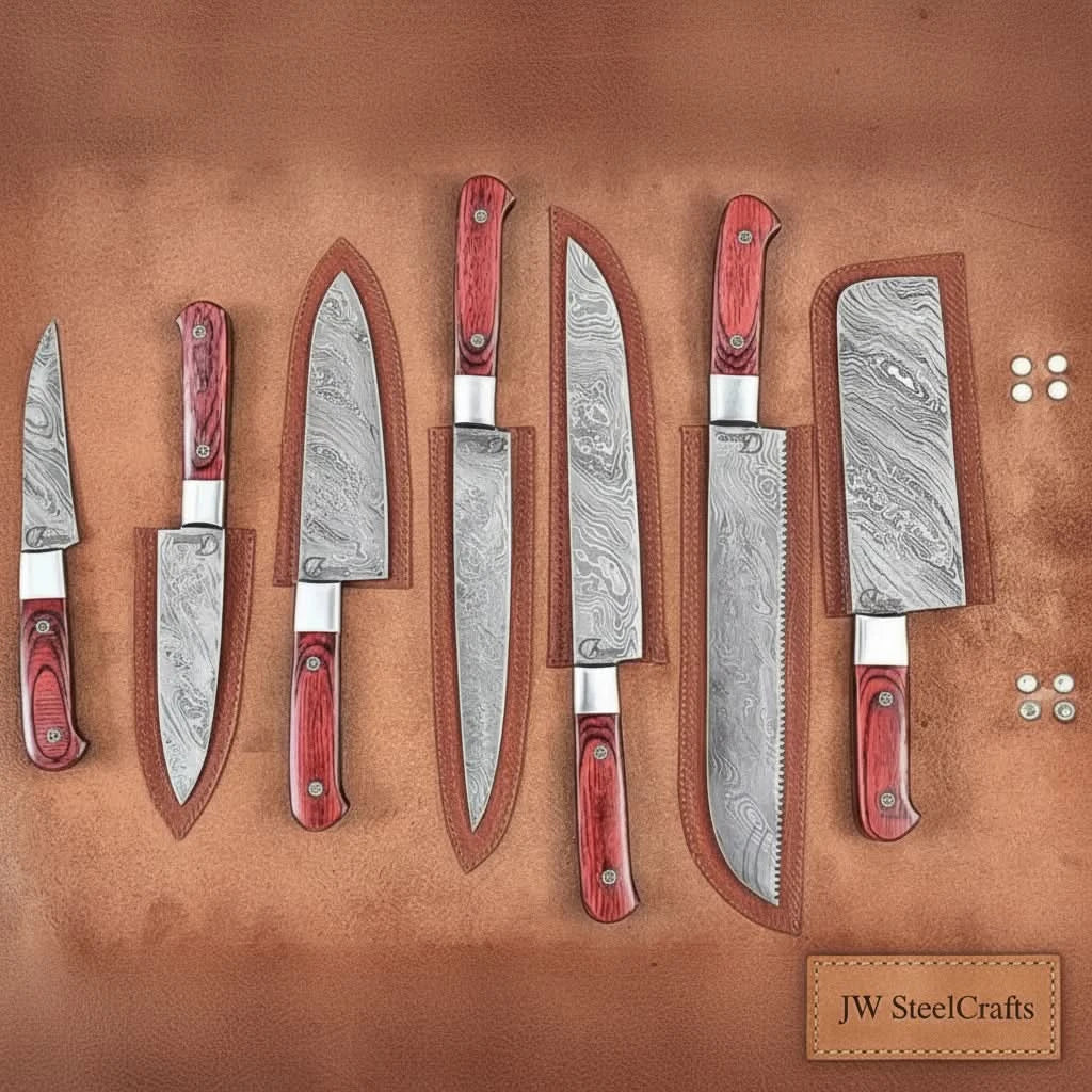 Handmade damascus steel knife with leather handle on dark surface