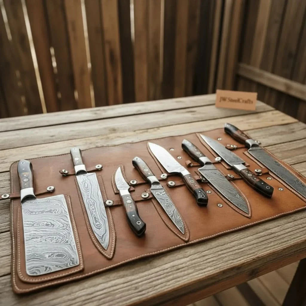 Handmade damascus steel knife with wood handle on dark surface
