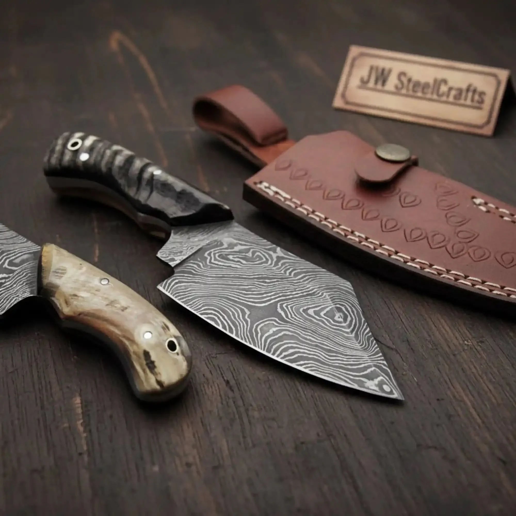 6-Inch Forged Damascus Skinning Knife — Ram Horn Handle, Full Tang & Leather Sheath | JW Steel Crafts by JW SteelCrafts, leather knife sheath main product photo