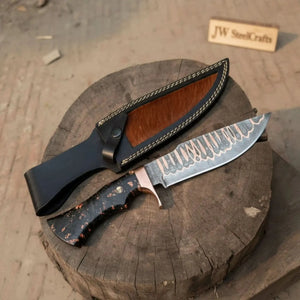 Custom Copper Damascus Bowie Hunter with Resin Handle