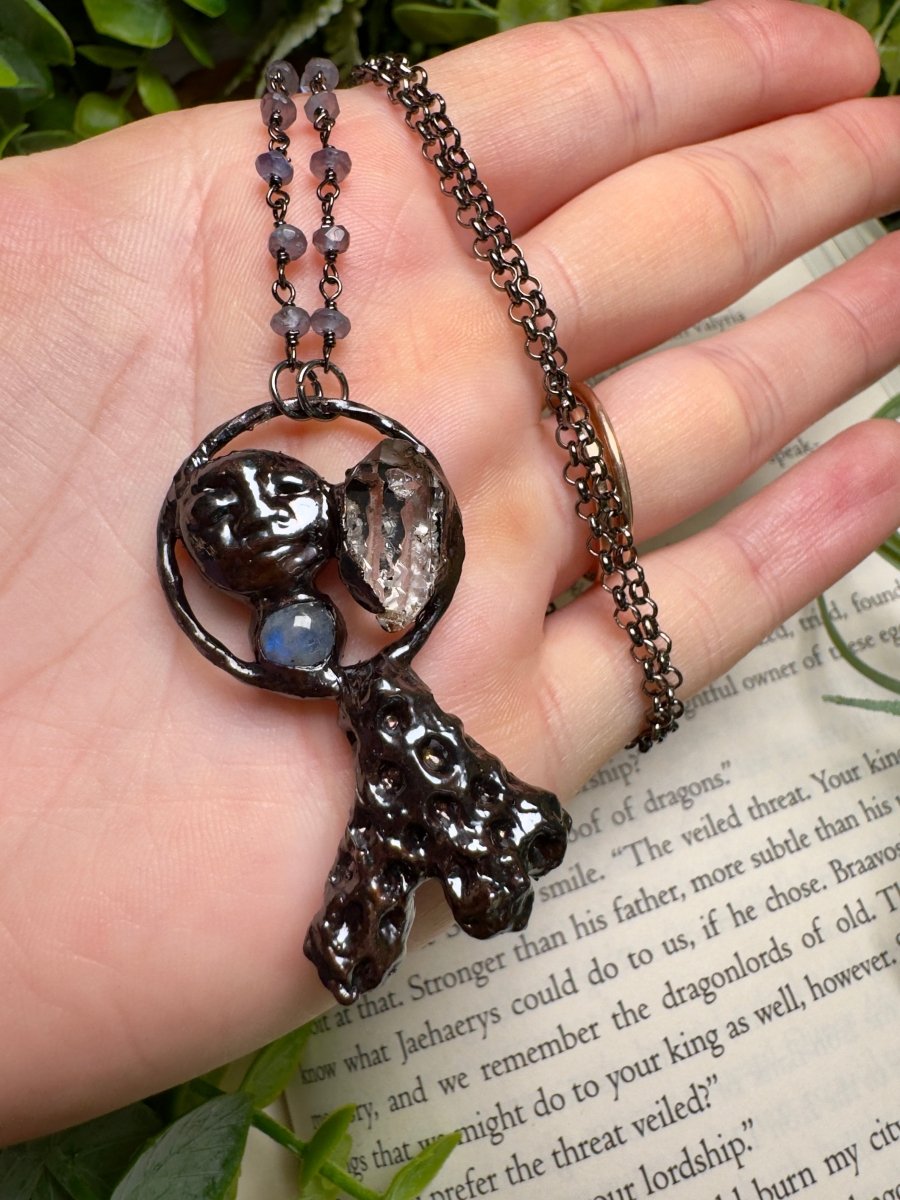 Coral, Moonstone, Quartz Diamond, and Goddess Necklace with Iolite Beaded Chain