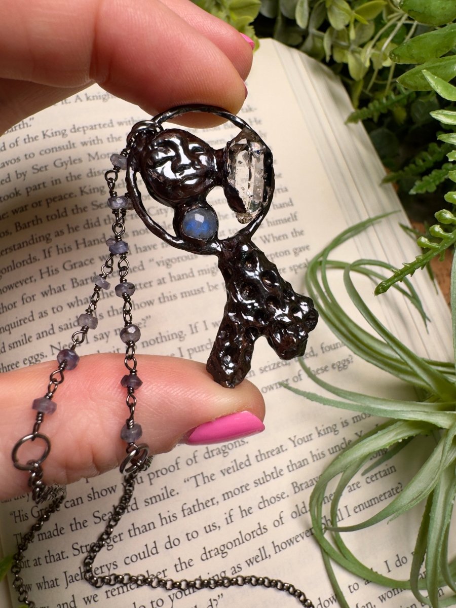 Coral, Moonstone, Quartz Diamond, and Goddess Necklace with Iolite Beaded Chain