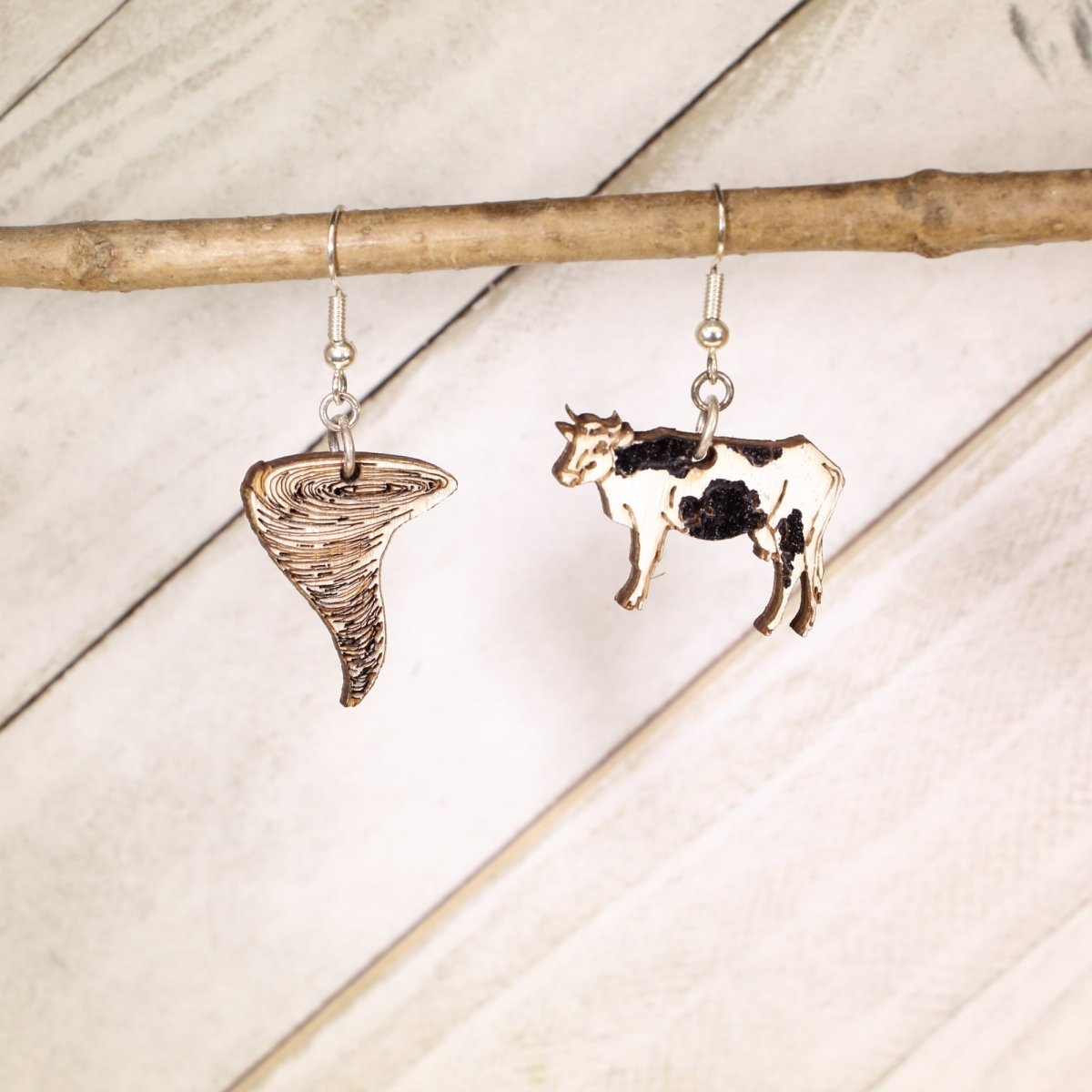 Cow and Tornado Wooden Earrings | Funny Weather Storm Jewelry