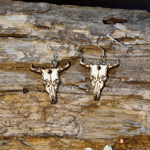 Cow Skull Wooden Dangle Earrings | Western Boho Jewelry