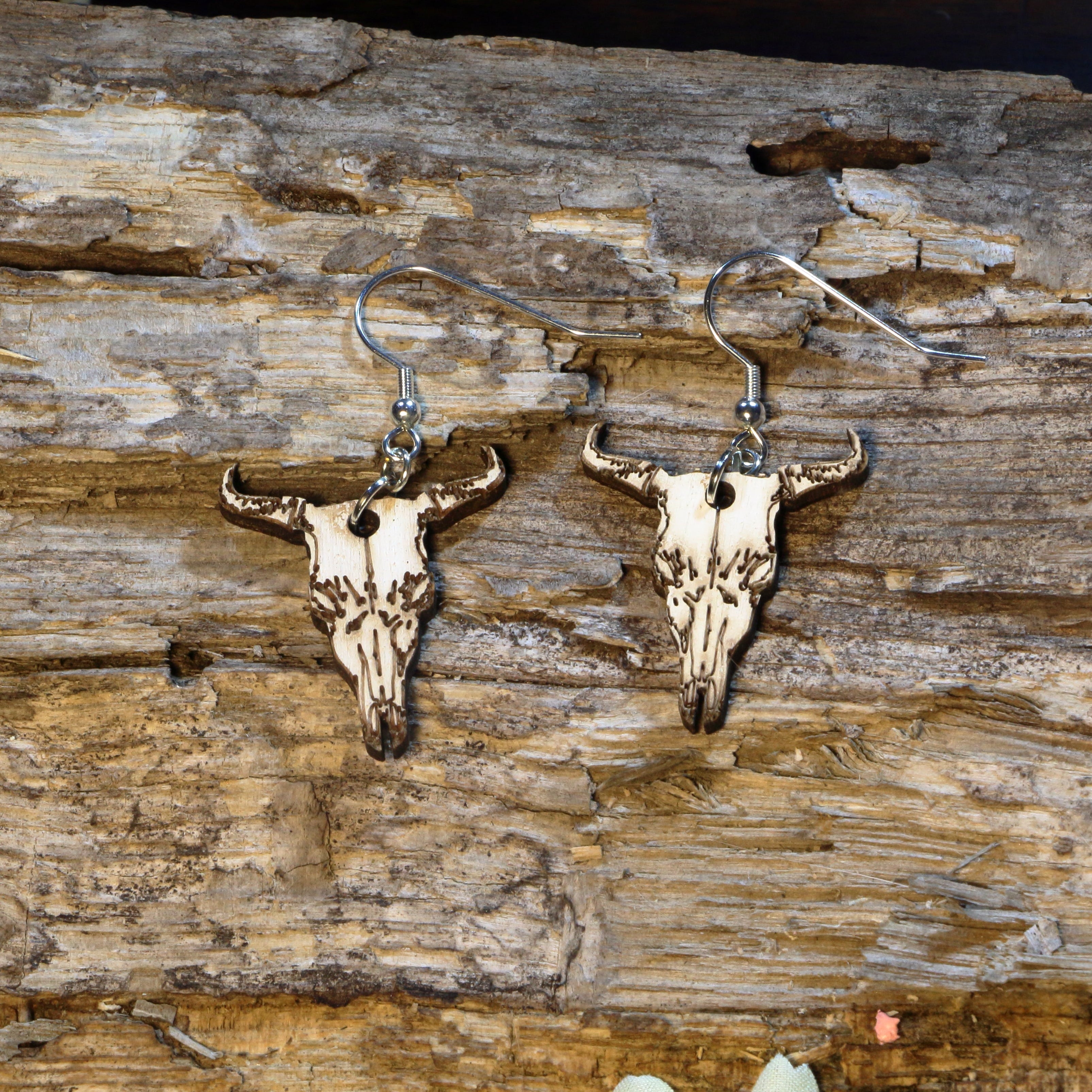 Cow Skull Wooden Dangle Earrings | Western Boho Jewelry