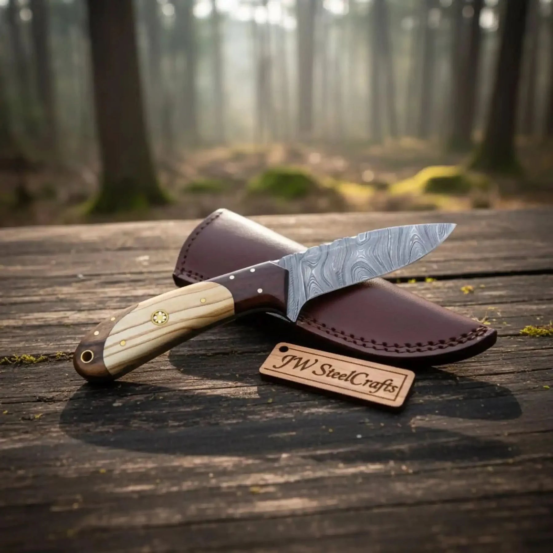 Handmade damascus steel knife with premium handle on dark surface