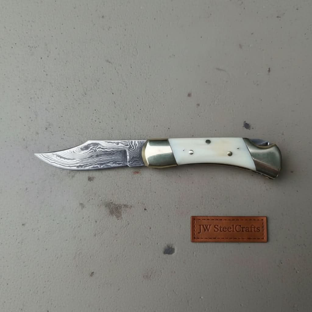 Handmade Damascus Folding Pocket Knife – Bone Handle with Brass Bolsters by JW SteelCrafts