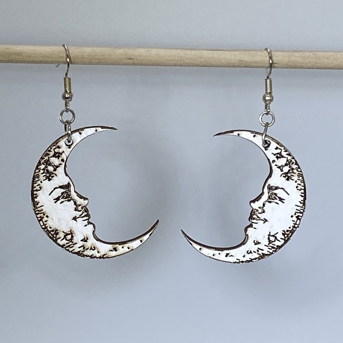 Crescent Moon Face Wooden Dangle Earrings | Celestial Jewelry
