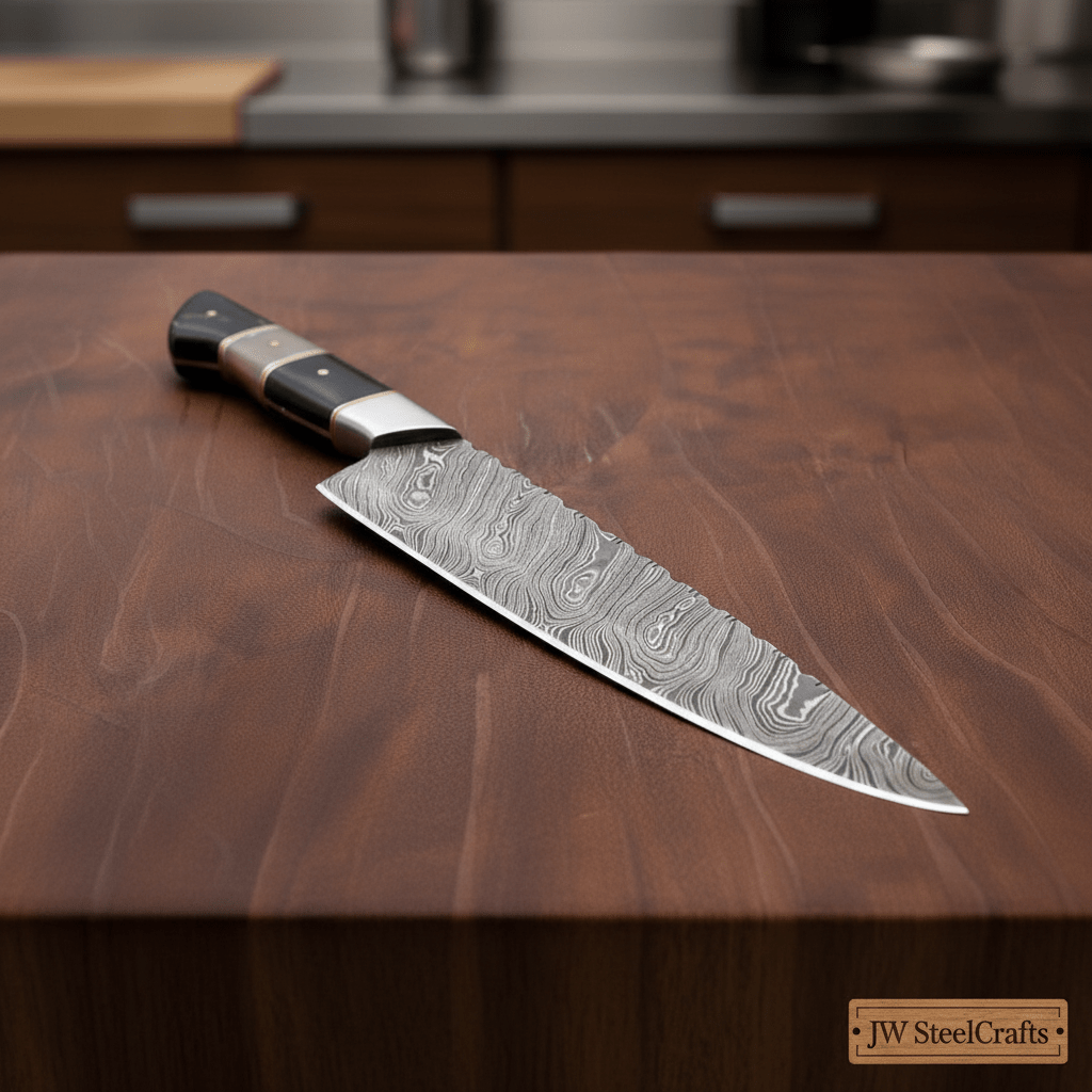 Handmade damascus steel knife with wood handle on dark surface