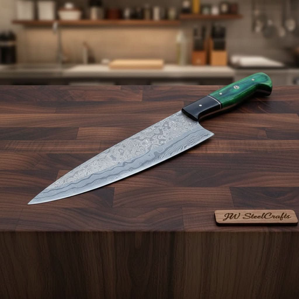 Handmade damascus steel knife with wood handle on dark surface